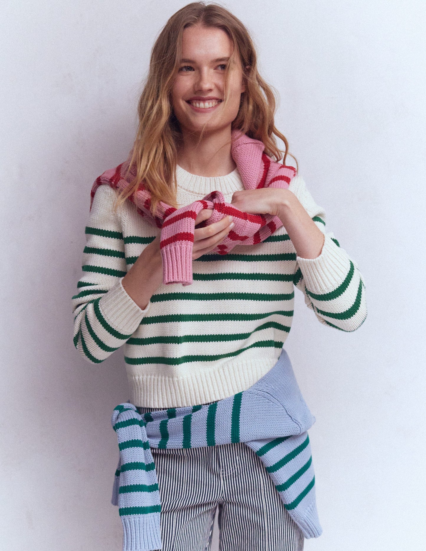 Lucy Chunky Cotton Sweater-Ivory and Jewel Green Stripe