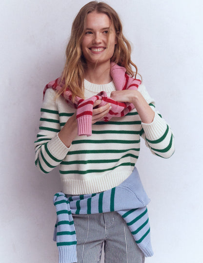 Lucy Chunky Cotton Sweater-Ivory and Jewel Green Stripe-4