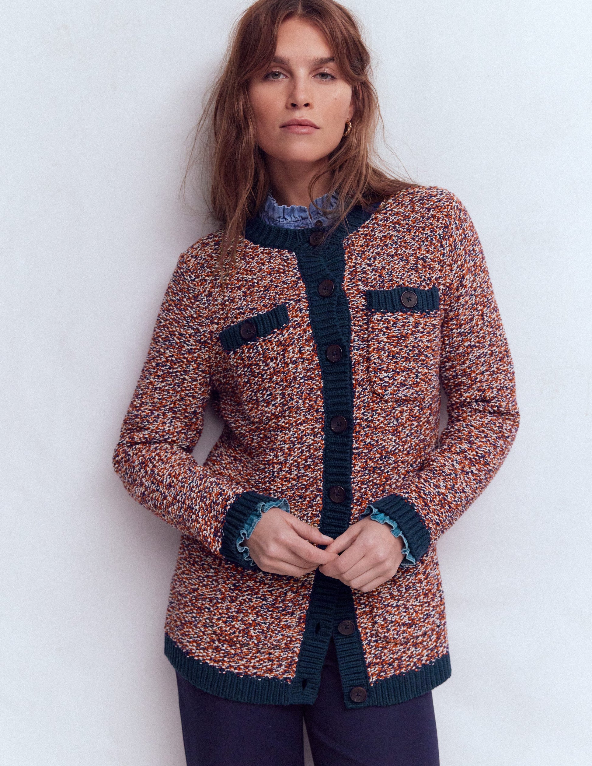 Textured Marl Cardigan-Navy/ Red Marl-5