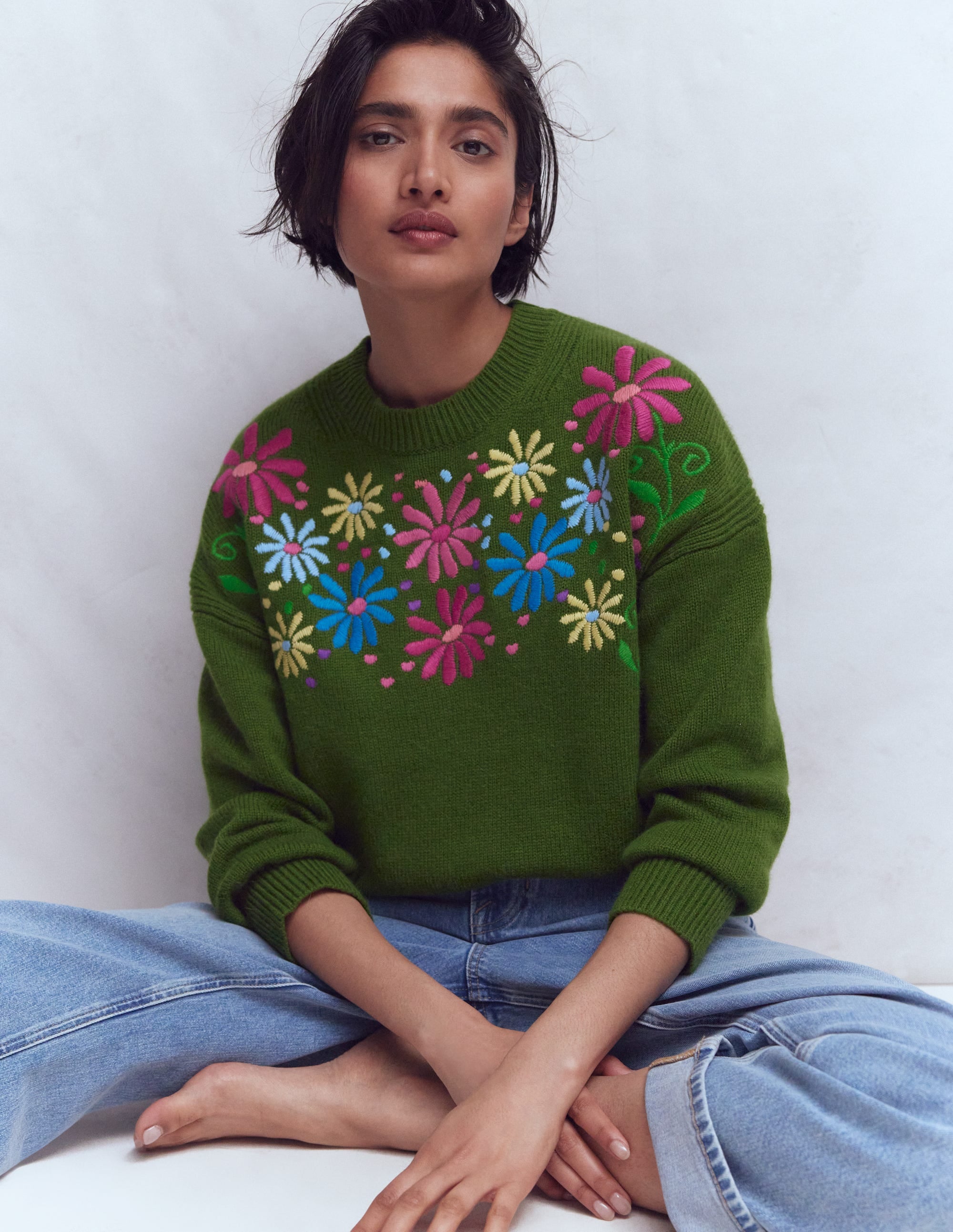 Isa Embroidered Sweater-Herb Garden, Green Flowers - Image 1