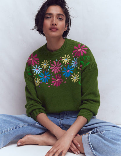 Isa Embroidered Sweater-Herb Garden, Green Flowers-1