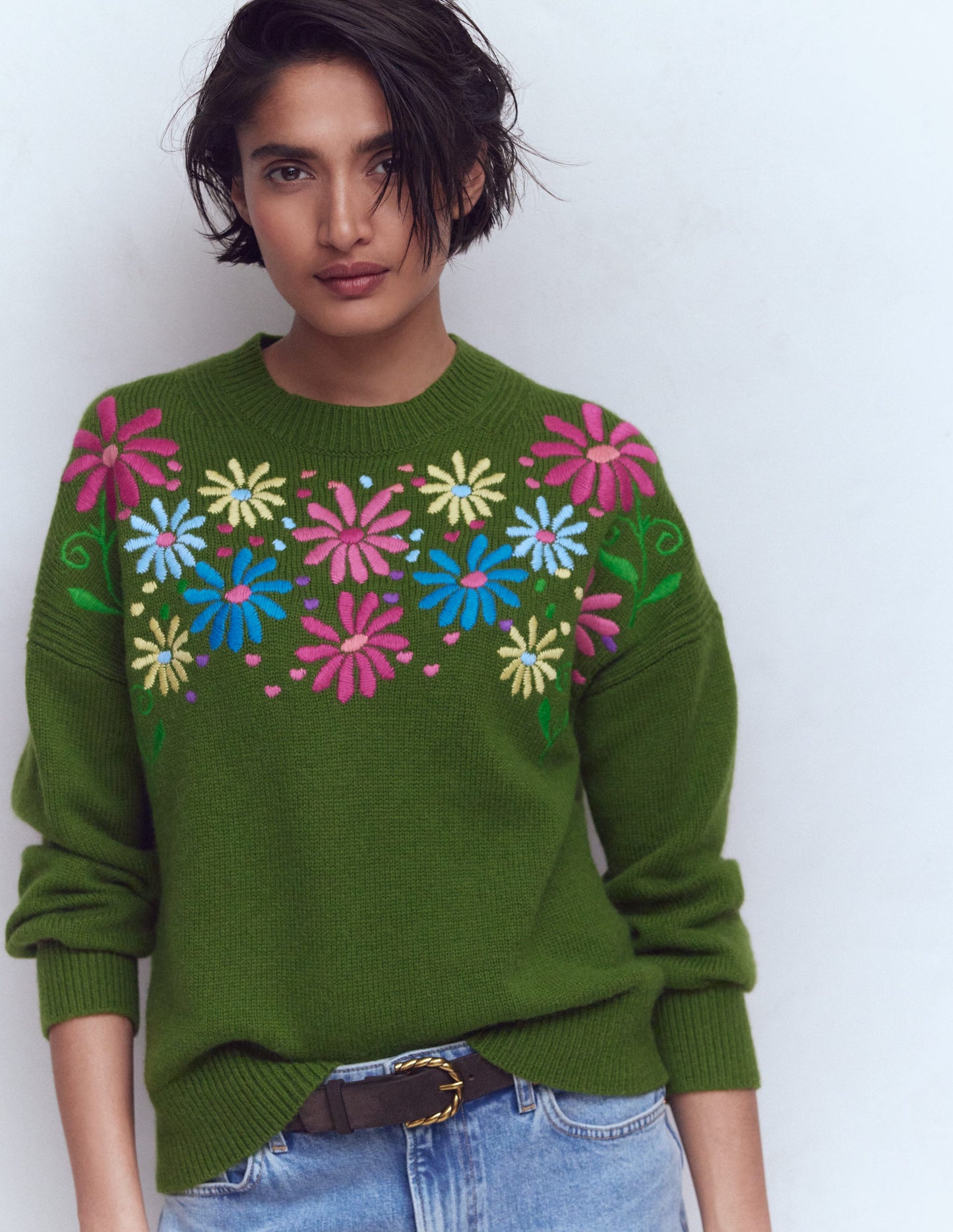 Isa Embroidered Sweater-Herb Garden, Green Flowers
