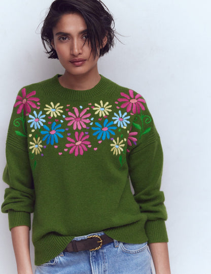 Isa Embroidered Sweater-Herb Garden, Green Flowers-5