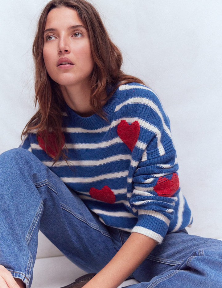 Isa Embroidered Sweater-Delft Blue Hearts