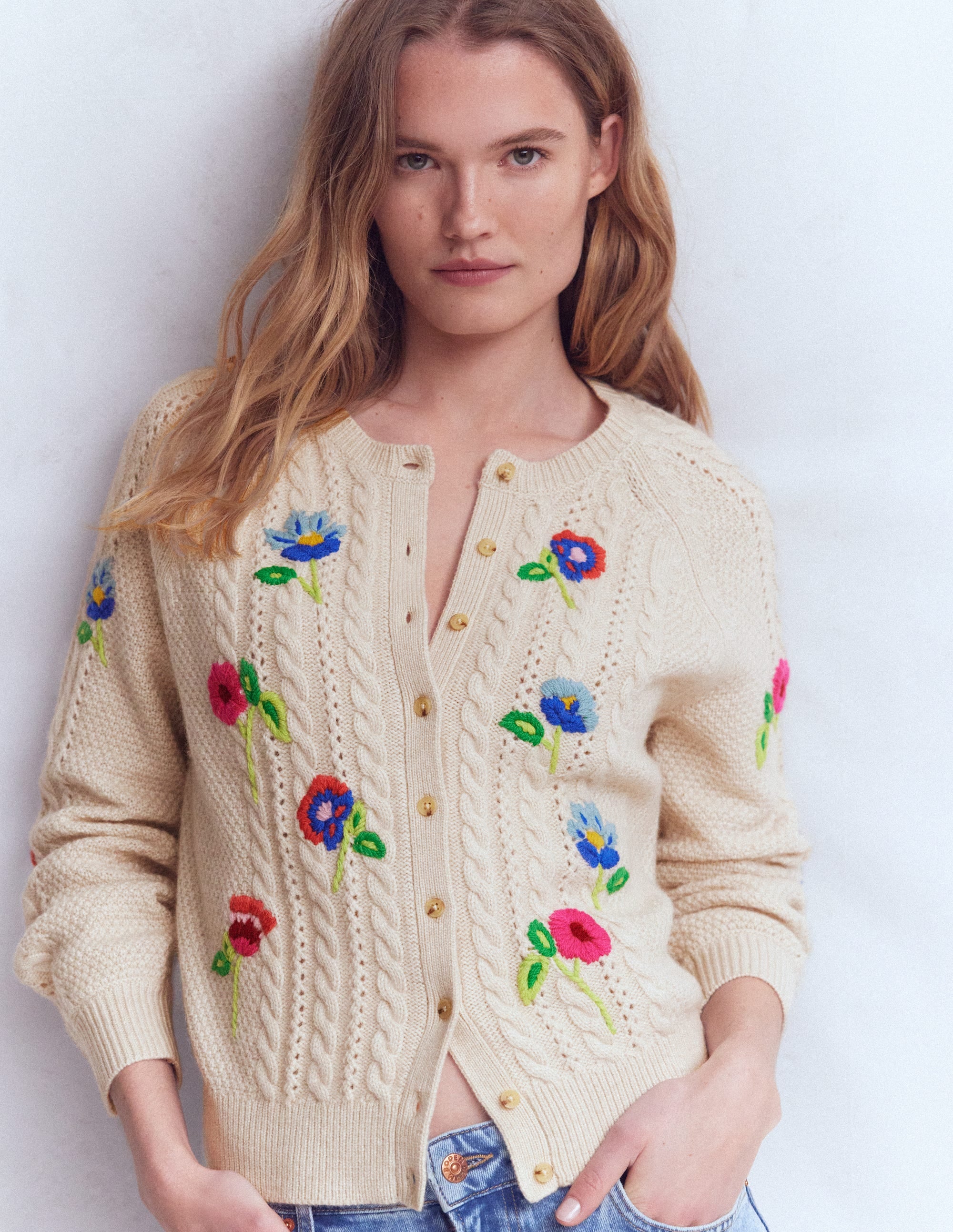 Liv Embroidered Cable Cardigan-Oatmeal Melange - Image 1