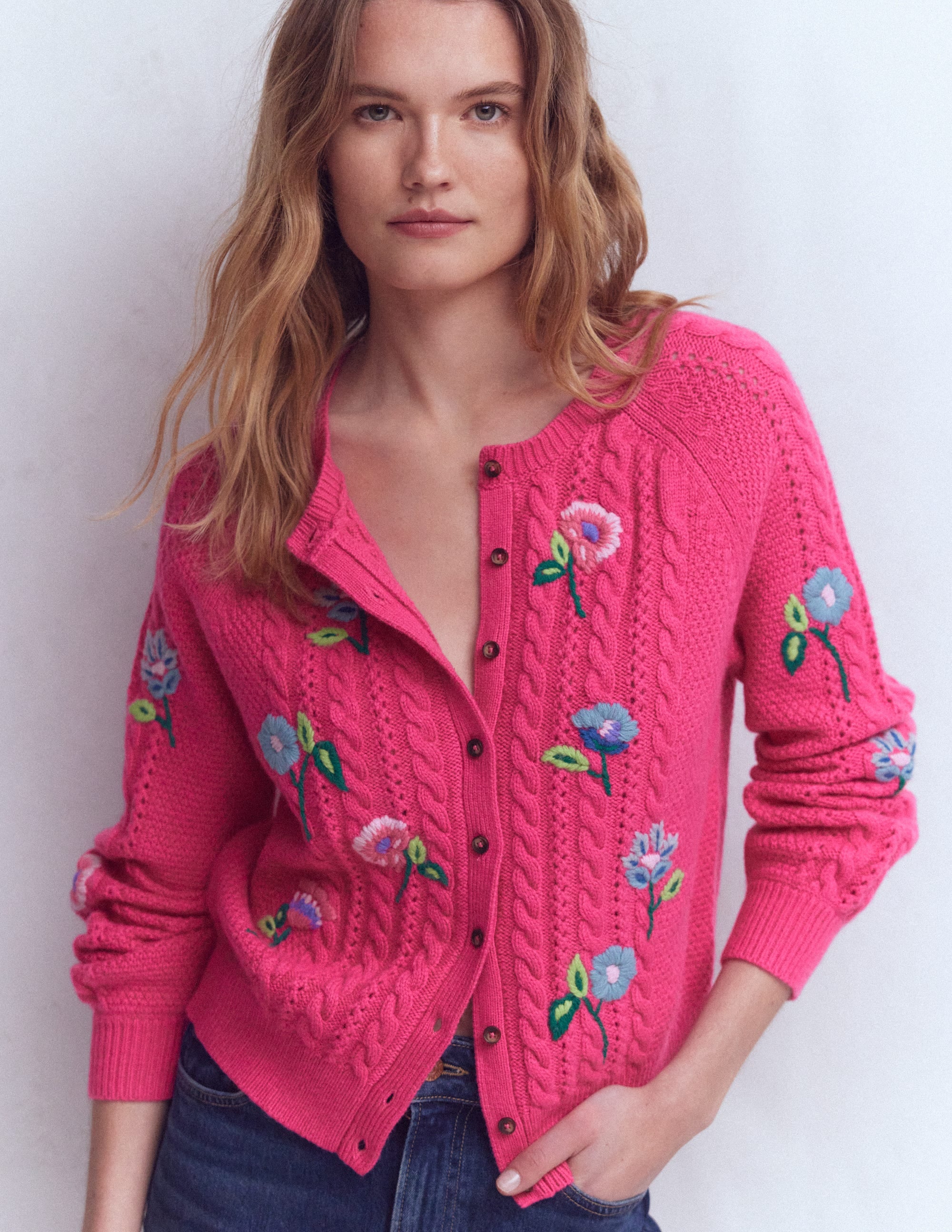 Liv Embroidered Cable Cardigan-Pink Peony | Boden USA