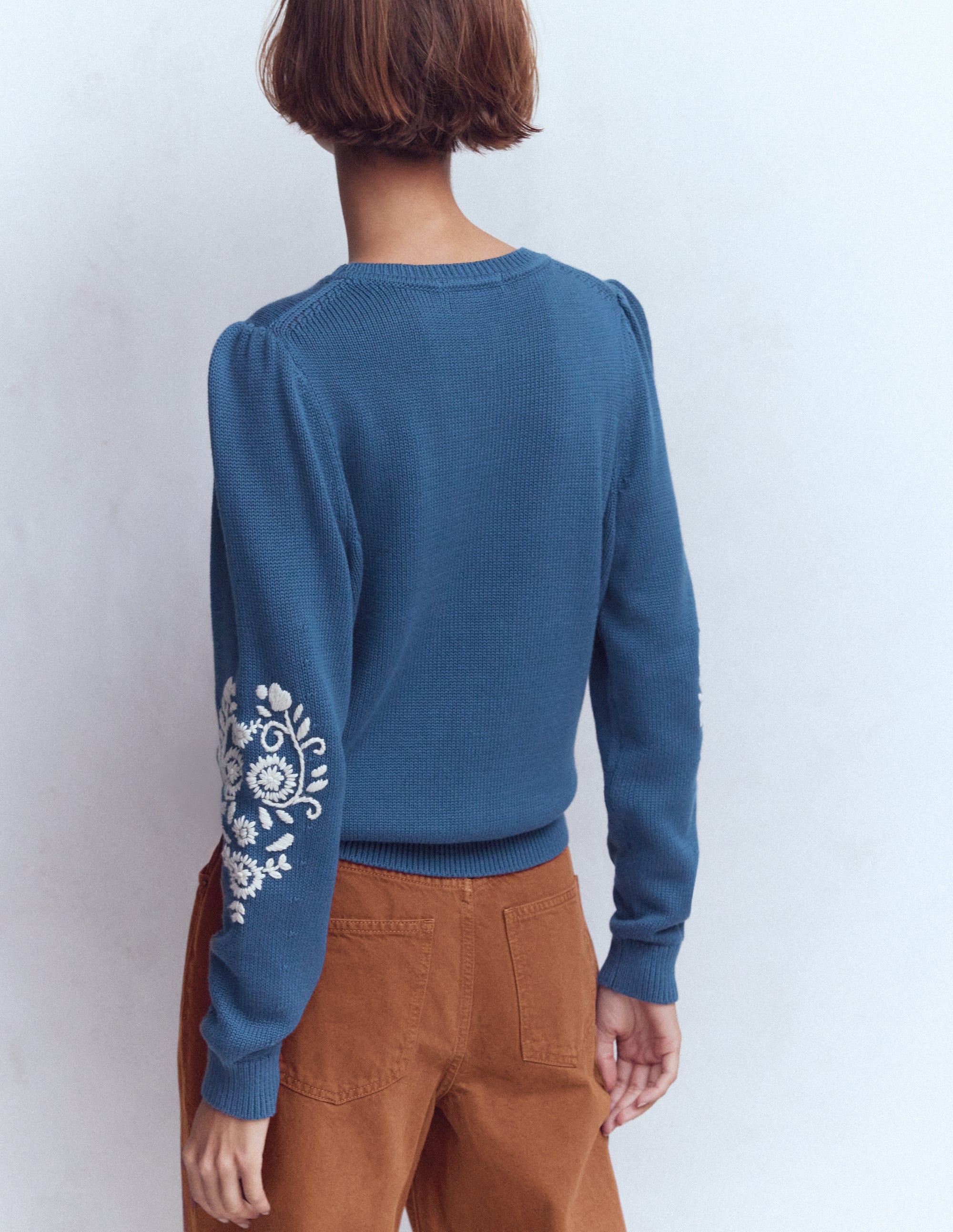 Davina Puff Sleeve Sweater-Denim Blue Embroidery - Image 3
