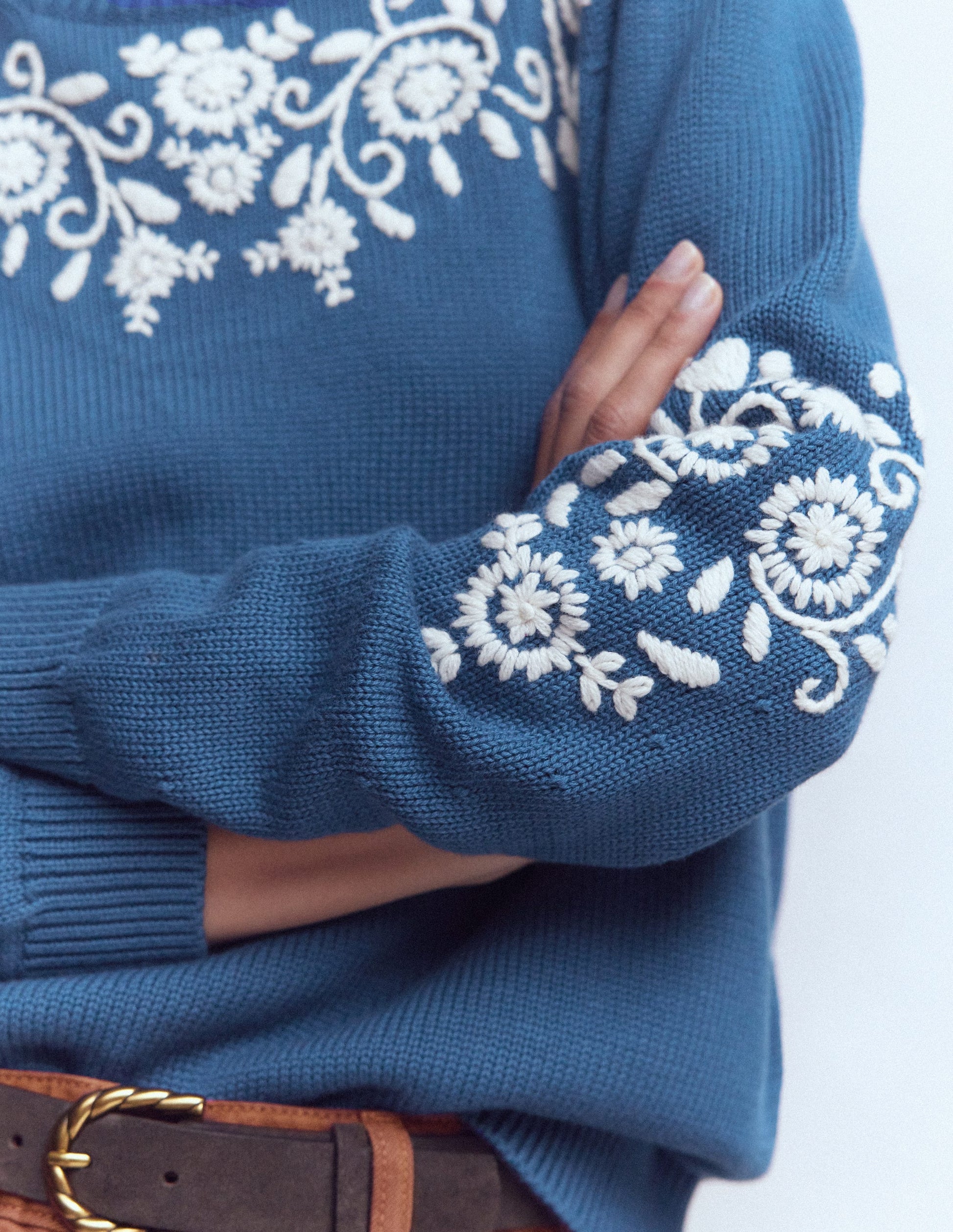 Davina Puff Sleeve Sweater-Denim Blue Embroidery-5