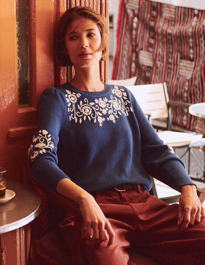 Davina Puff Sleeve Sweater-Denim Blue Embroidery