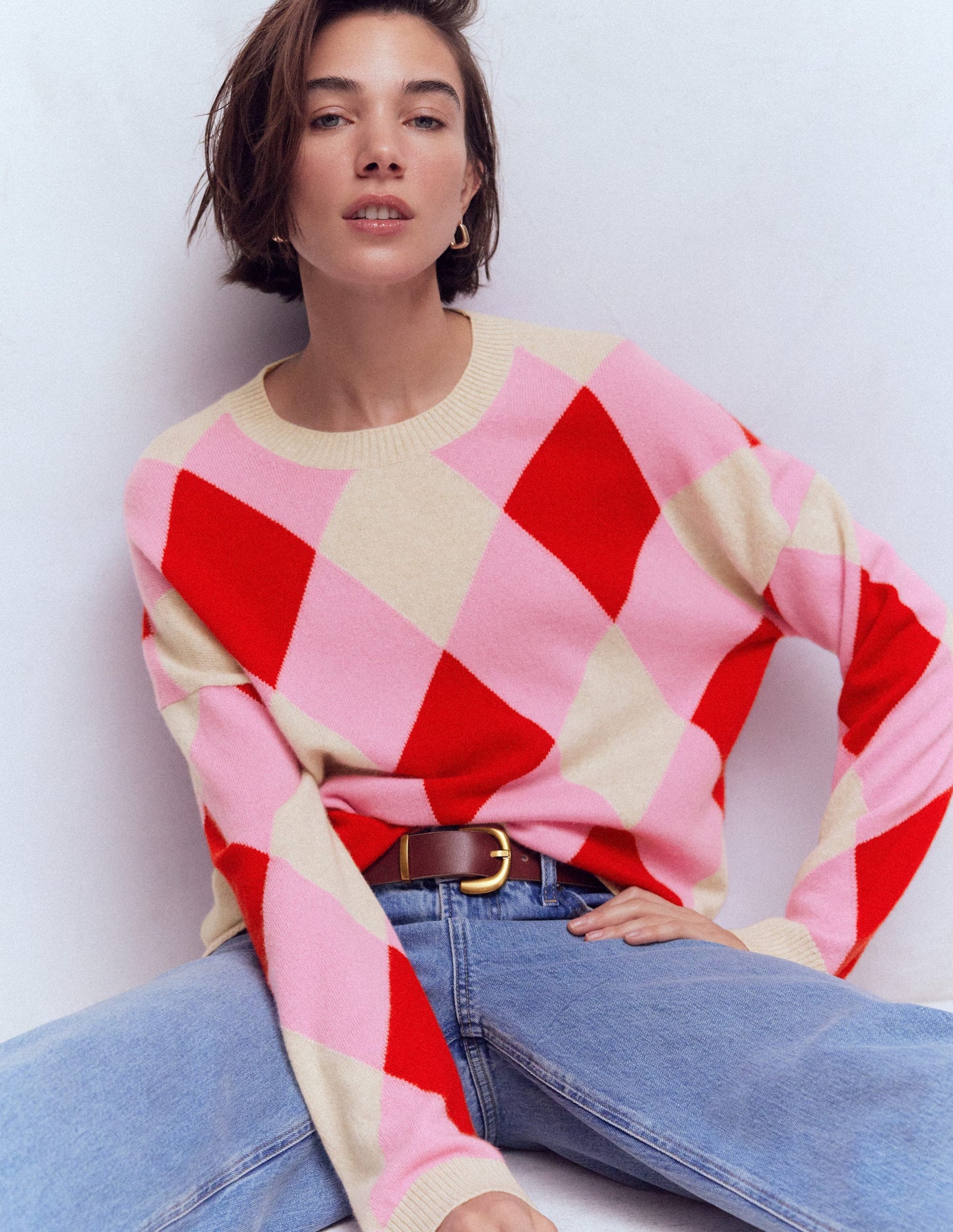 Anastasia Cashmere Sweater-Red and Pink Argyle