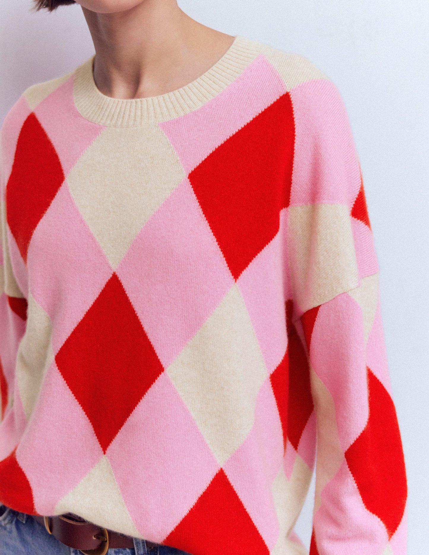 Anastasia Cashmere Sweater-Red and Pink Argyle
