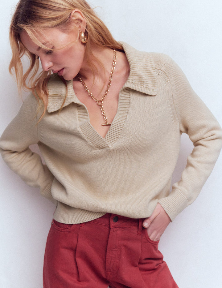 Cotton Henley Sweater-Almond Peach