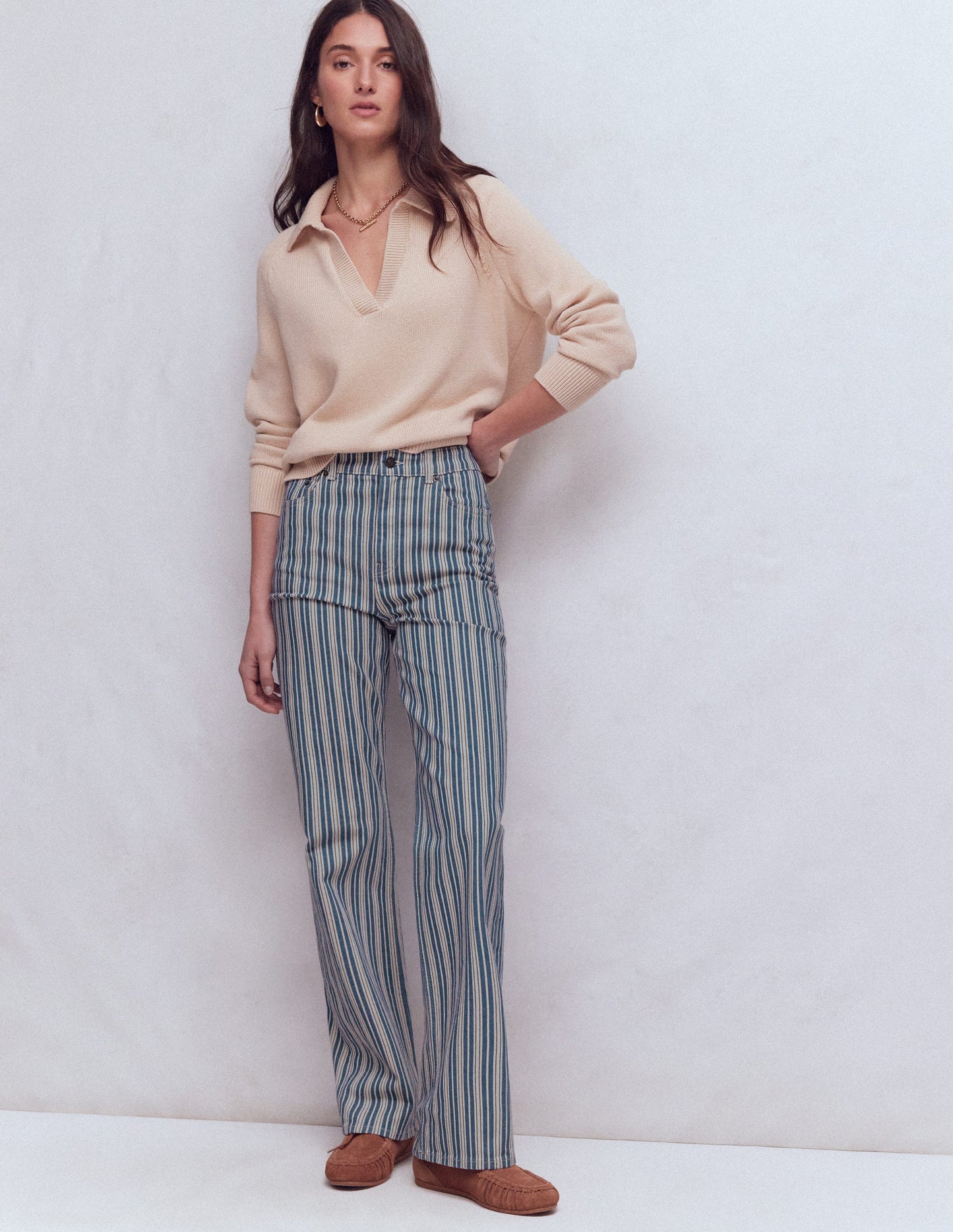 High Rise Column Leg Jeans-Blue Stripe