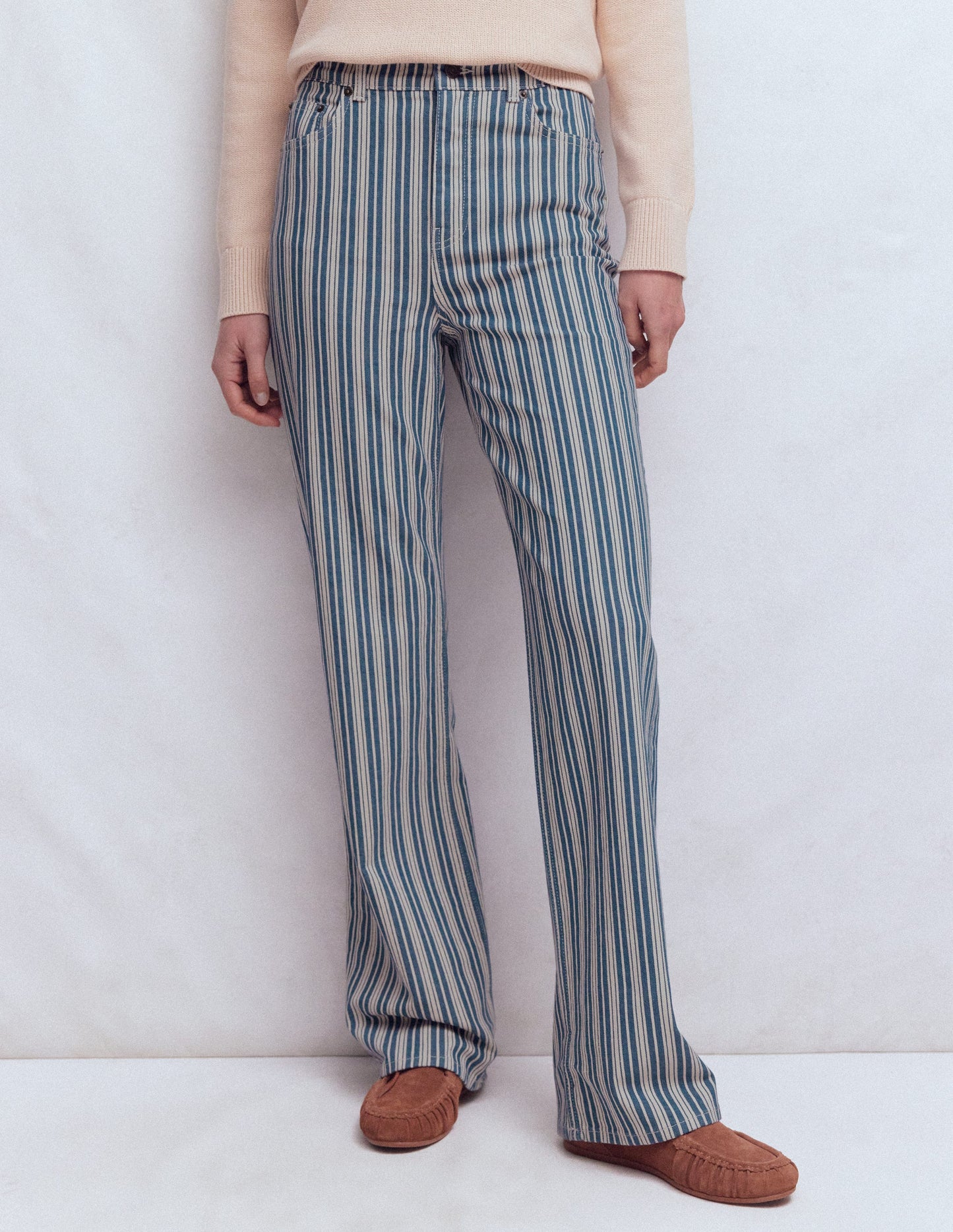 High Rise Column Leg Jeans-Blue Stripe