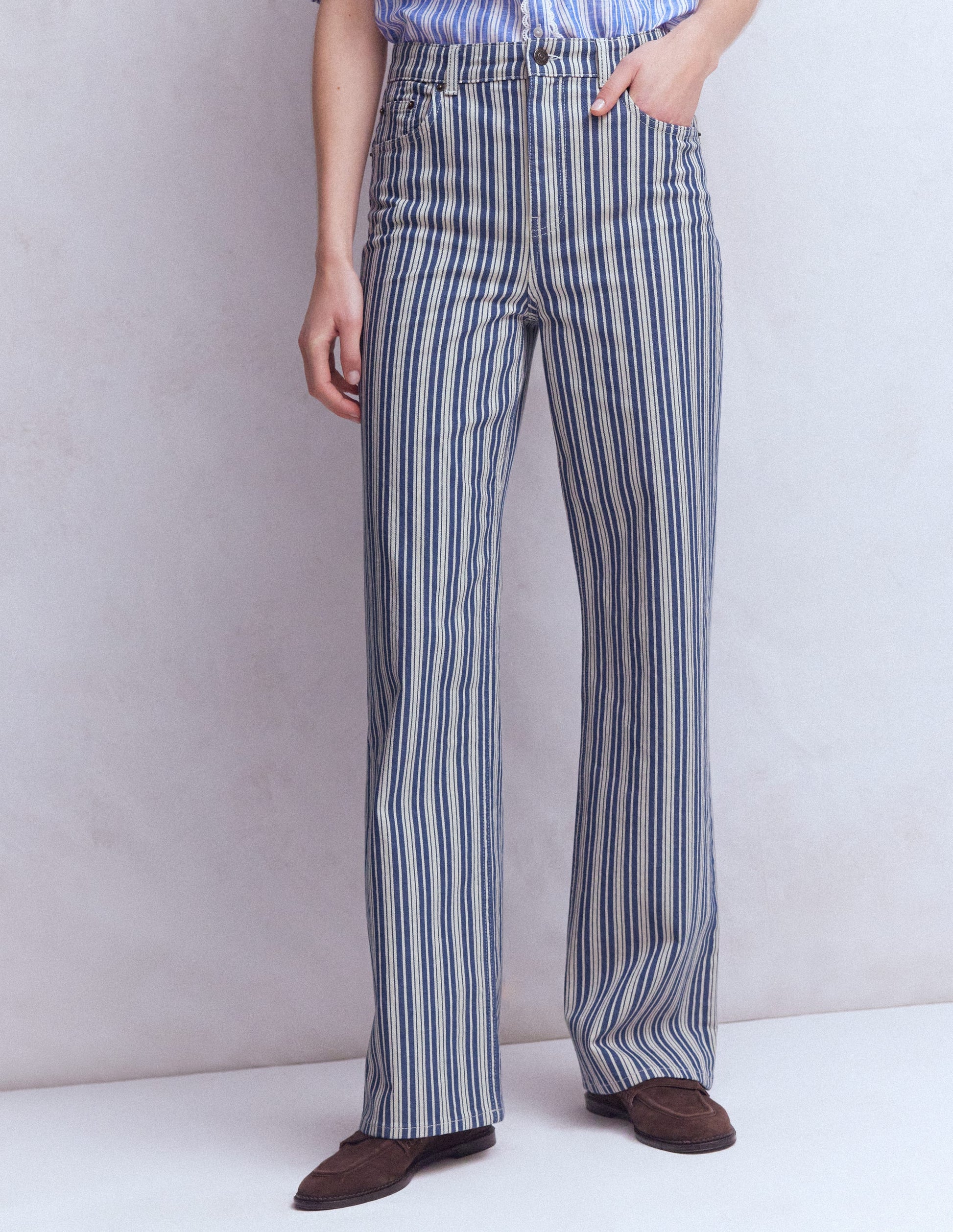High Rise Column Leg Jeans-Blue Stripe-7