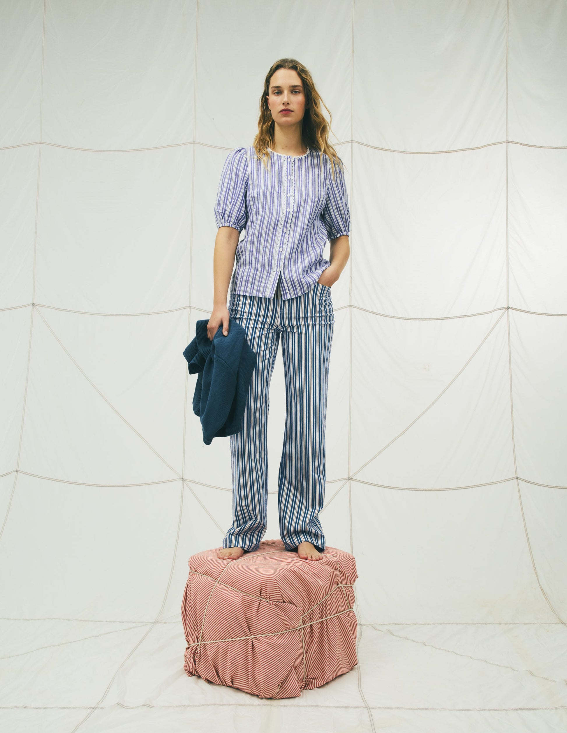 High Rise Column Leg Jeans-Blue Stripe-1