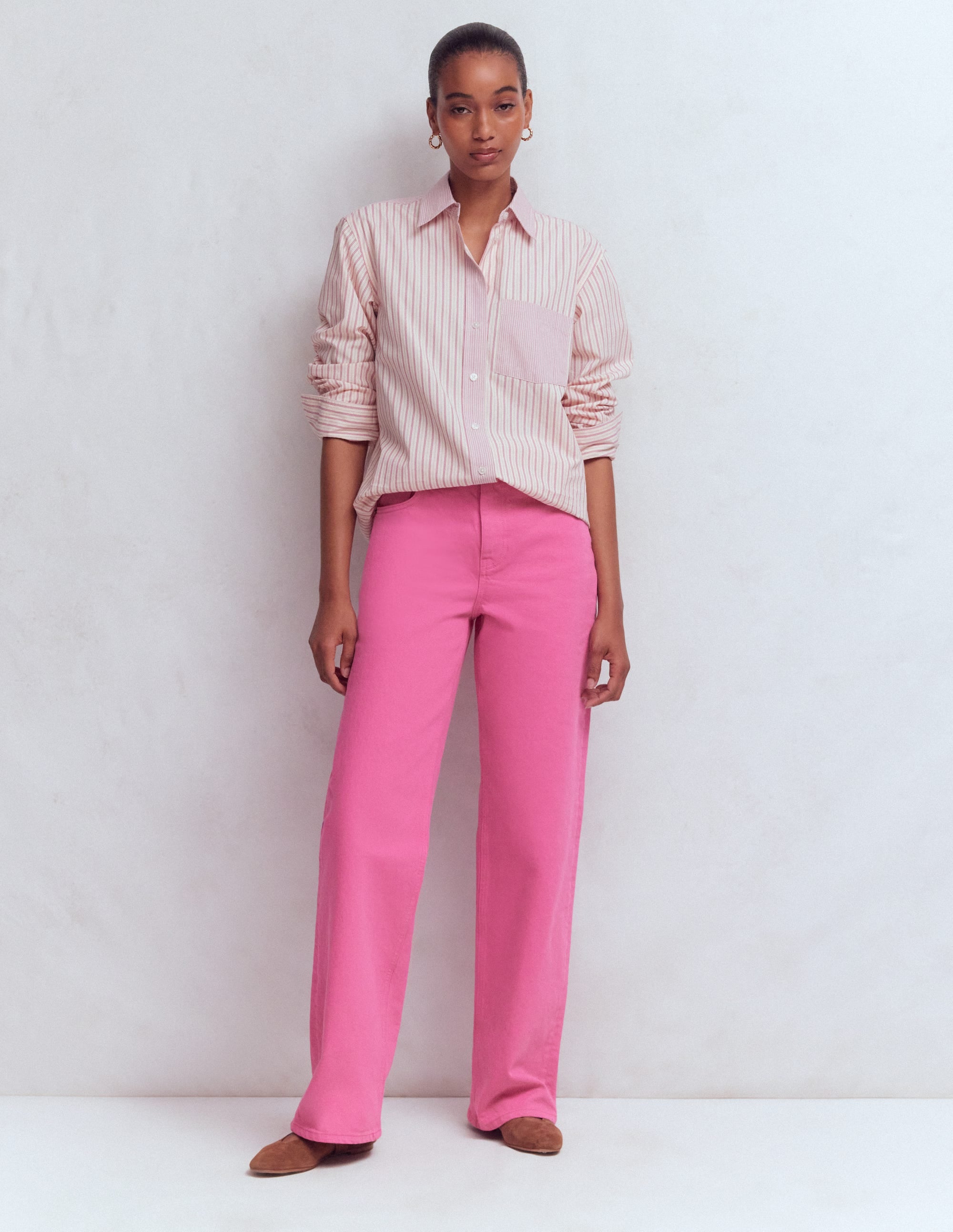 High Rise Column Leg Jeans-Bright Pink - Image 1