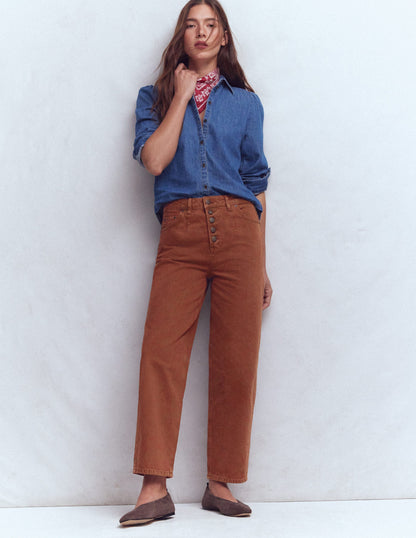 Exposed Button Straight Jeans-Brown-2