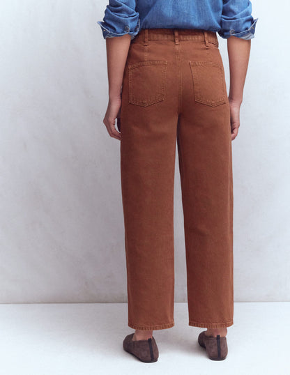 Exposed Button Straight Jeans-Brown-3