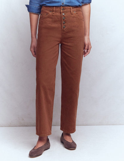 Exposed Button Straight Jeans-Brown-5