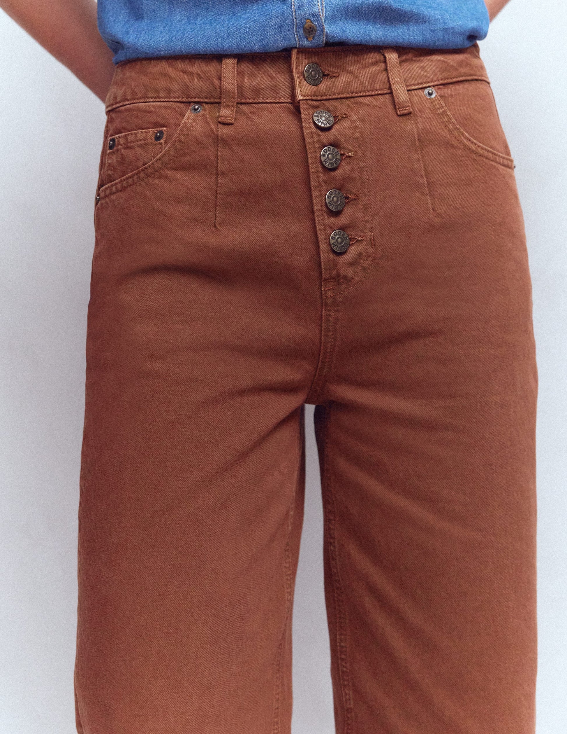 Exposed Button Straight Jeans-Brown-5