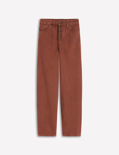 Exposed Button Straight Jeans-Brown-6