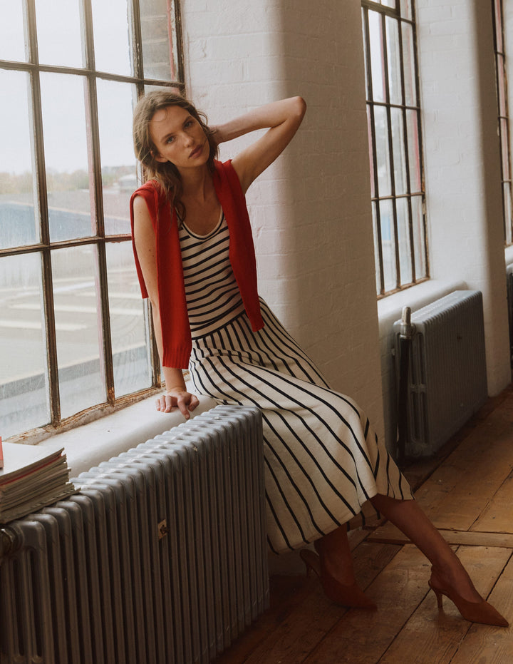 Liz Knitted Midi Skirt-Ivory, Navy