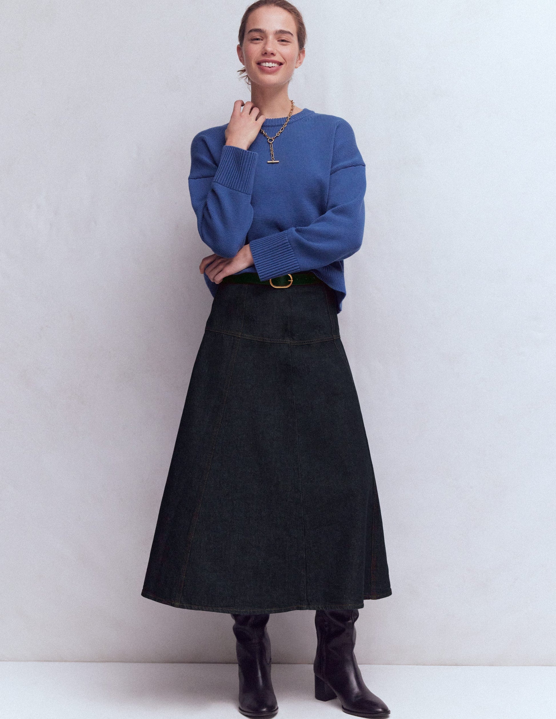 Panelled Detail Denim Skirt-Indigo-1