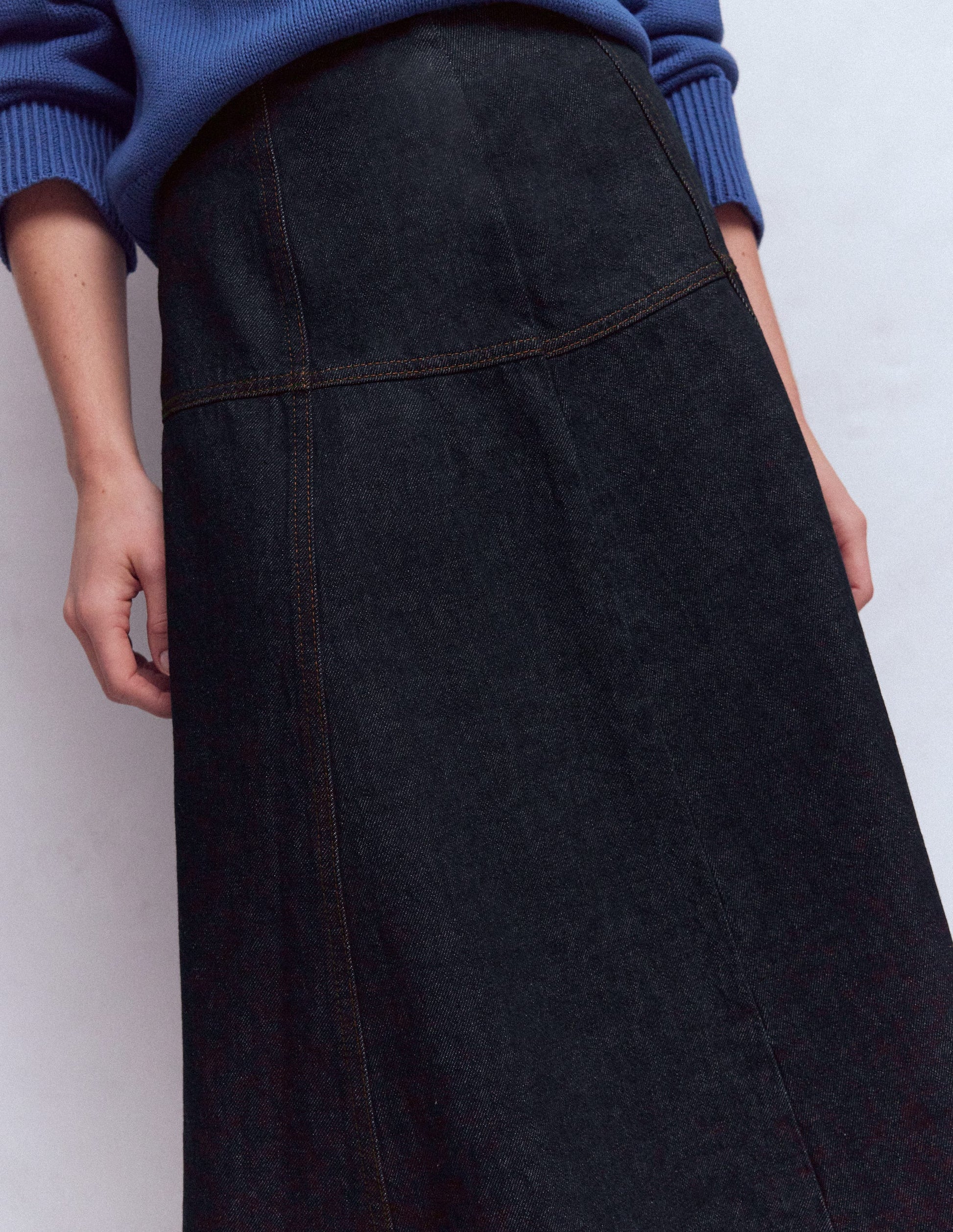 Panelled Detail Denim Skirt-Indigo-3