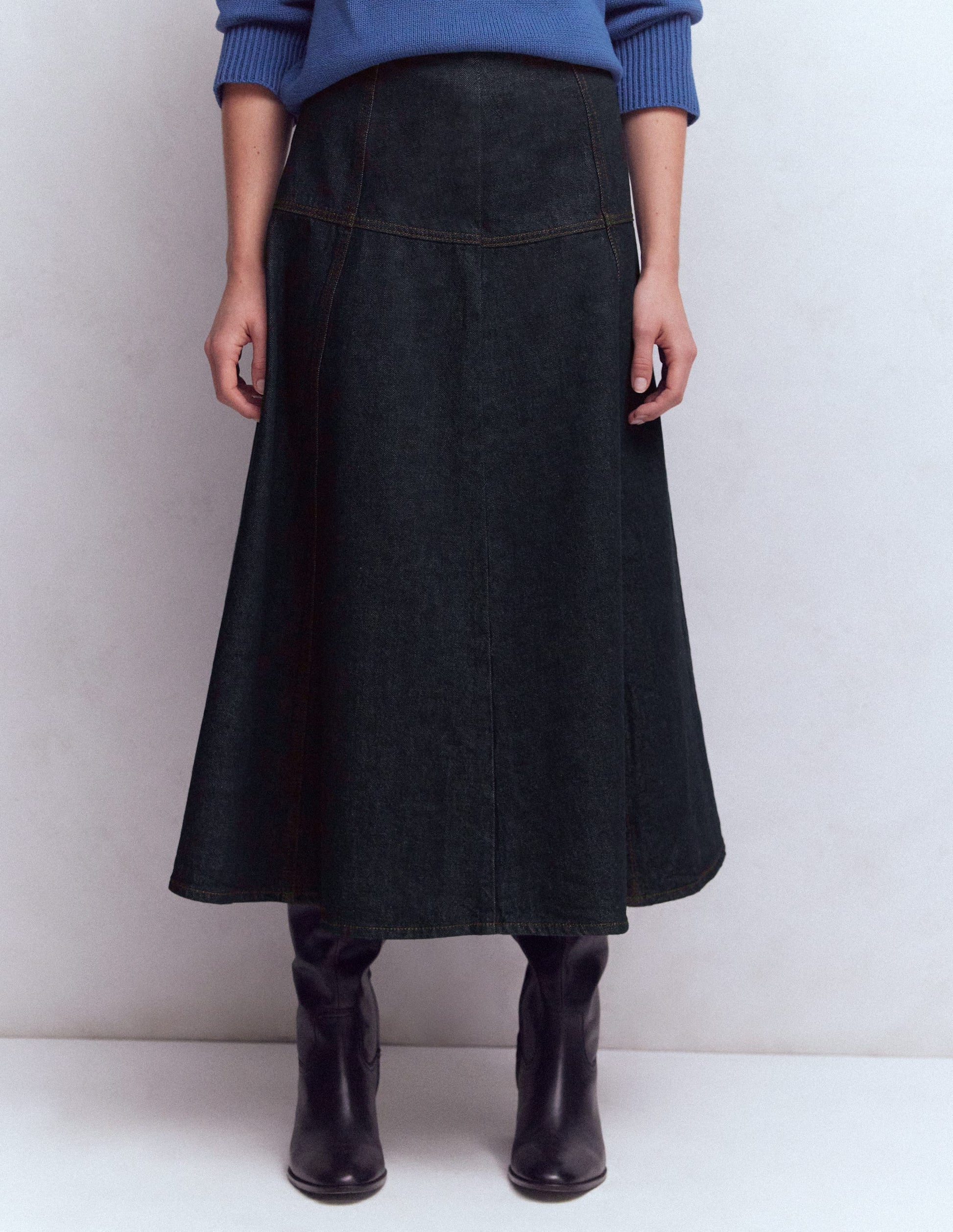 Panelled Detail Denim Skirt-Indigo-3