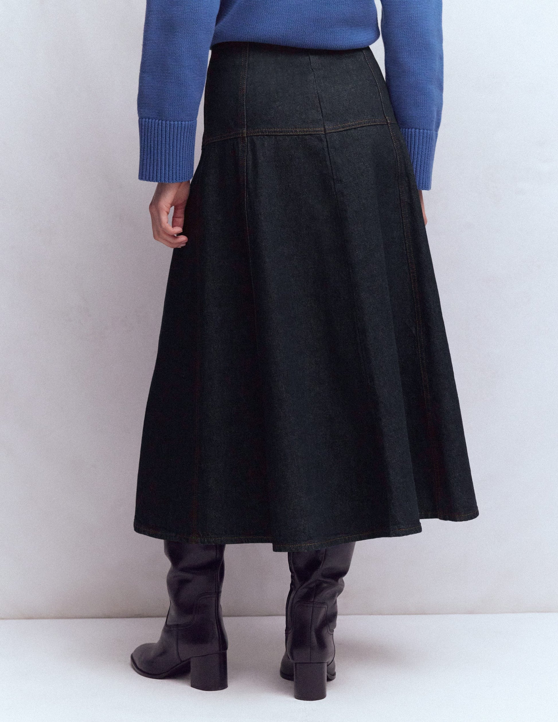 Panelled Detail Denim Skirt-Indigo-4