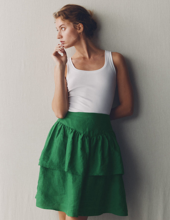 Tiered Linen Skirt-Highland Green