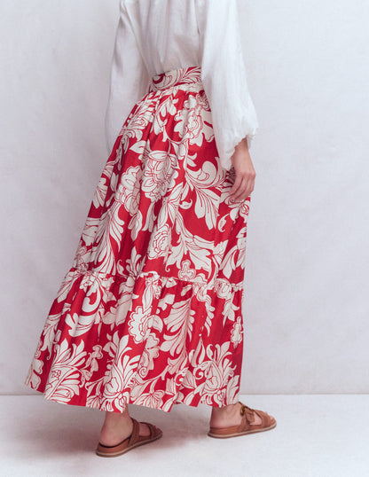 Abigail Poplin Maxi Skirt-Salsa, Decorative Blossom-3