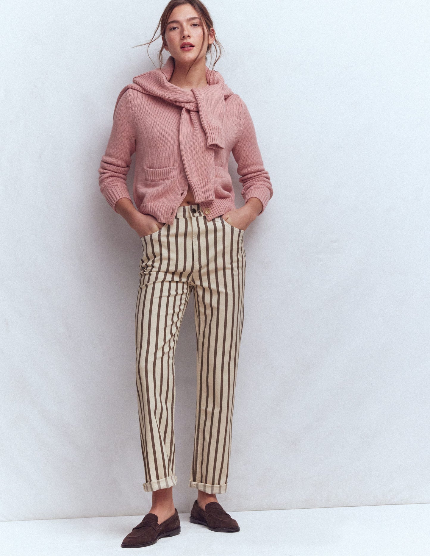 High Rise Straight Jeans-Brown Ecru Stripe