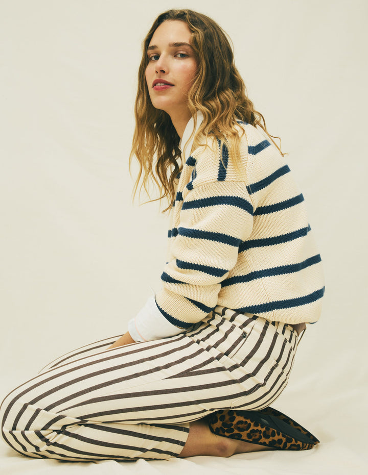 High Rise Straight Jeans-Brown Ecru Stripe