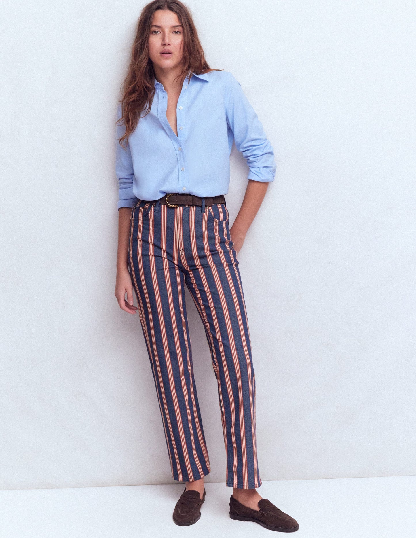 High Rise Straight Jeans-Navy & Red Stripe