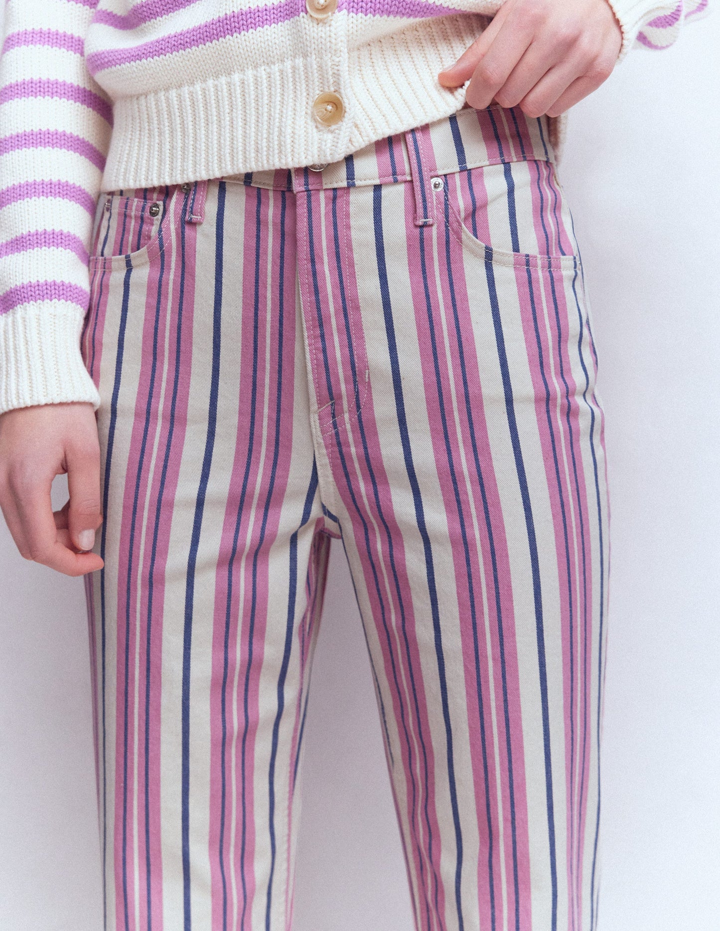 High Rise Straight Jeans-Pink, Blue & Ivory Stripe
