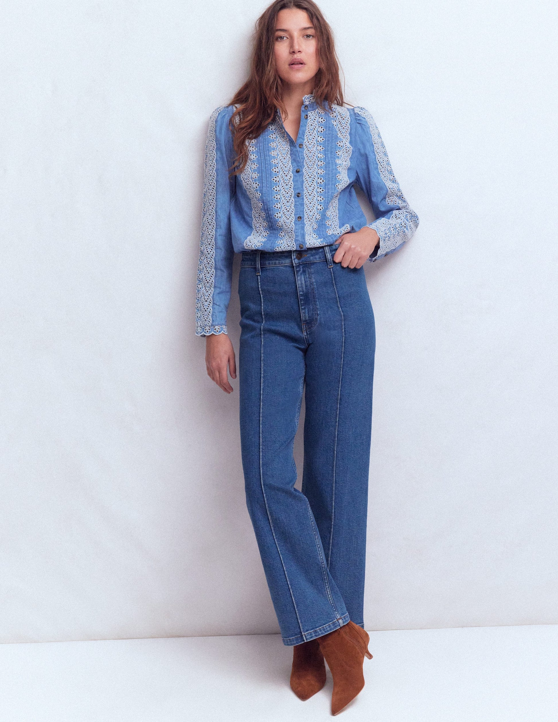 Pintuck Column Leg Jeans-Mid Vintage-1