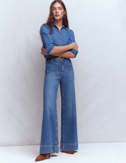 Patch Pocket Flare Jeans-Mid Vintage-1