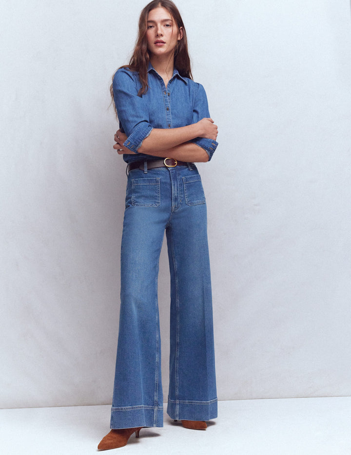 Patch Pocket Flare Jeans-Mid Vintage