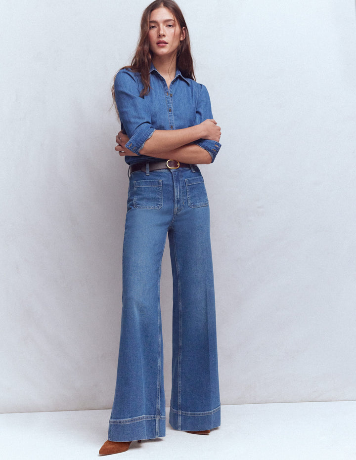 Patch Pocket Flare Jeans-Mid Vintage