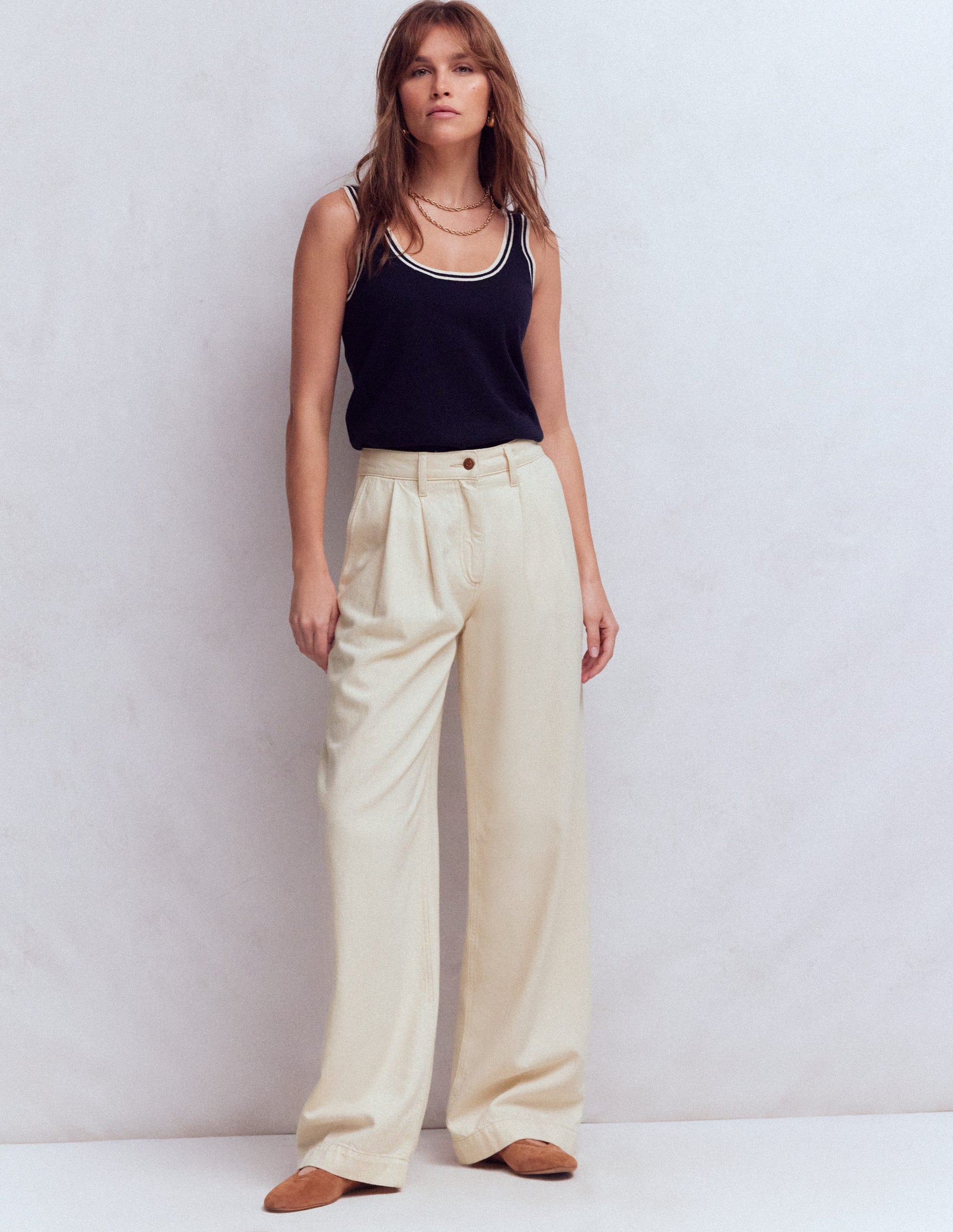 Pleated Wide Leg Jeans-Ecru-2