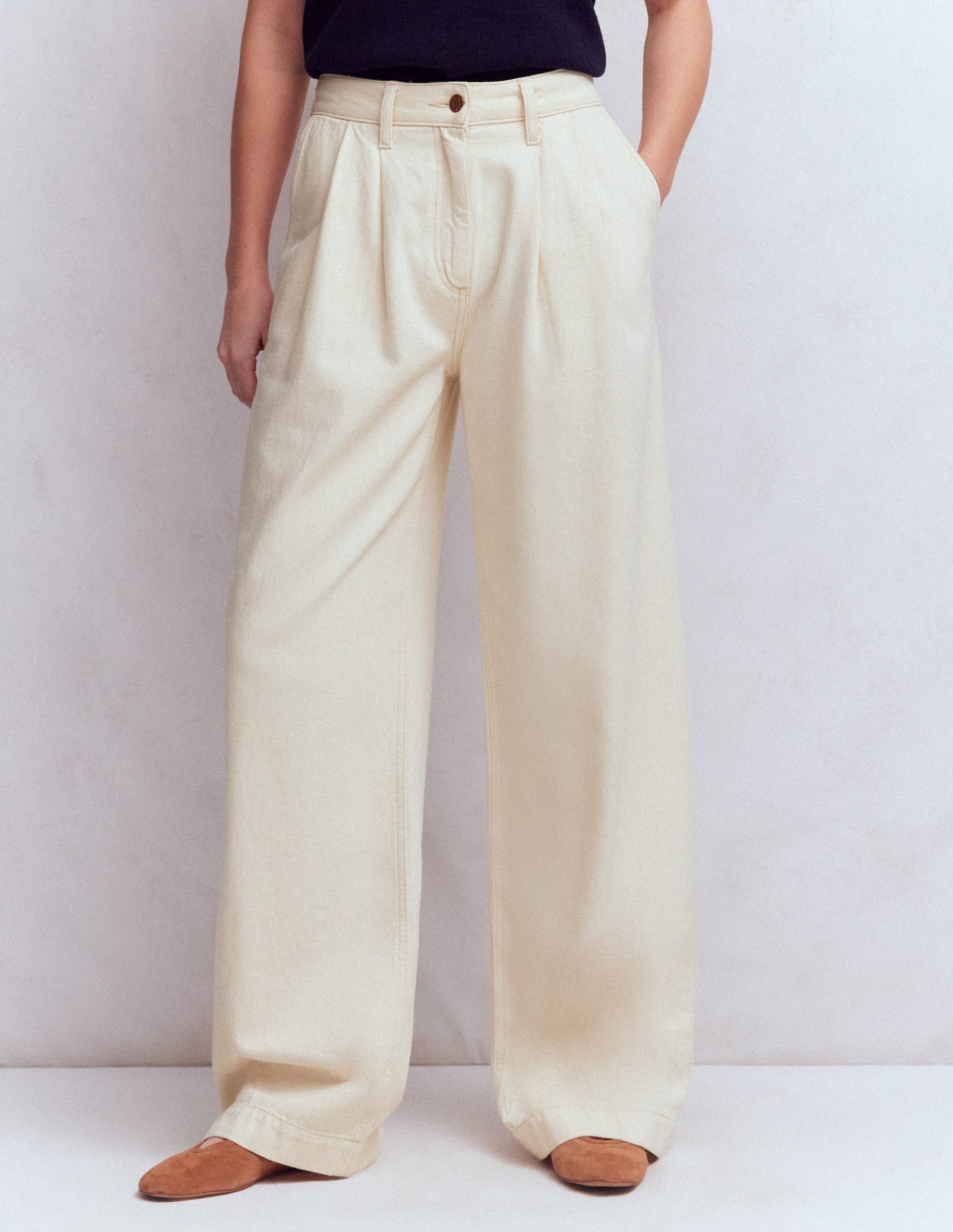 Pleated Wide Leg Jeans-Ecru-5