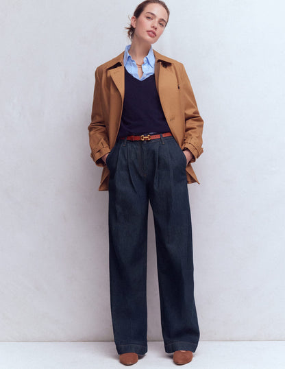 Pleated Wide Leg Jeans-Indigo Rinse-1