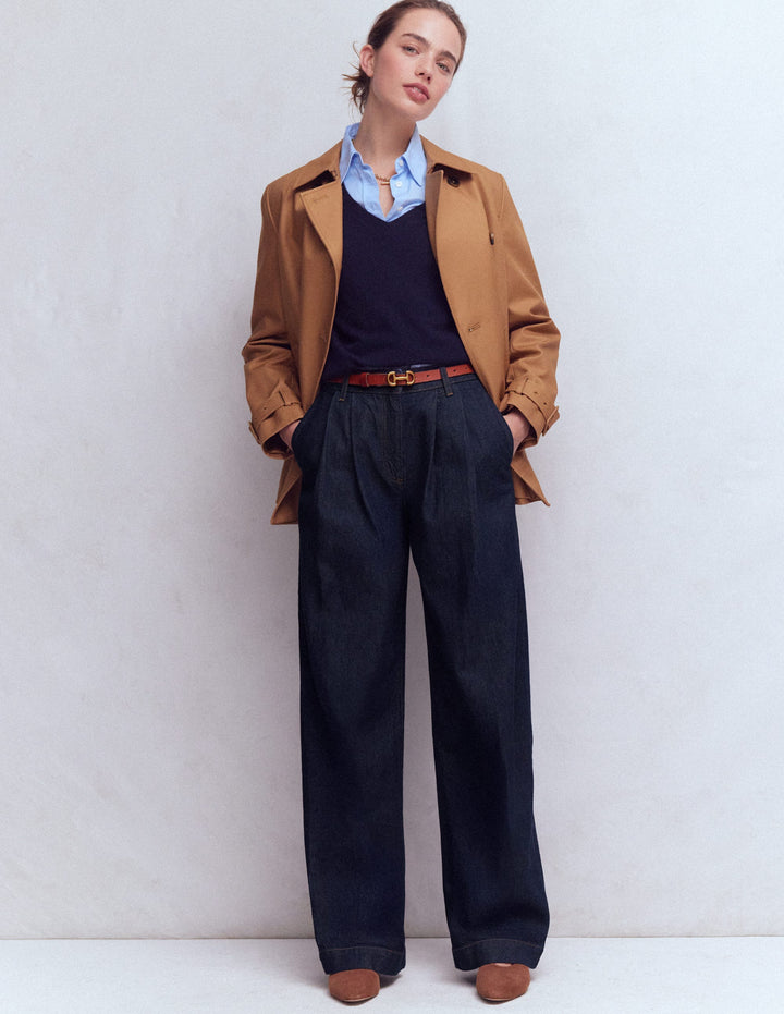 Pleated Wide Leg Jeans-Indigo Rinse