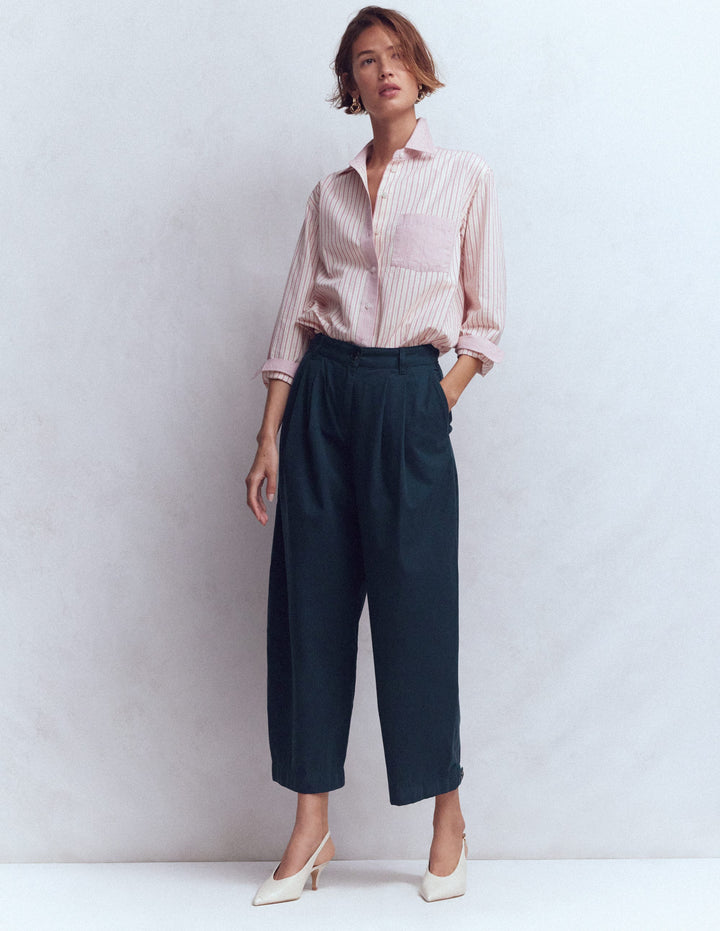 Pleat Barrel Leg Pants-Navy