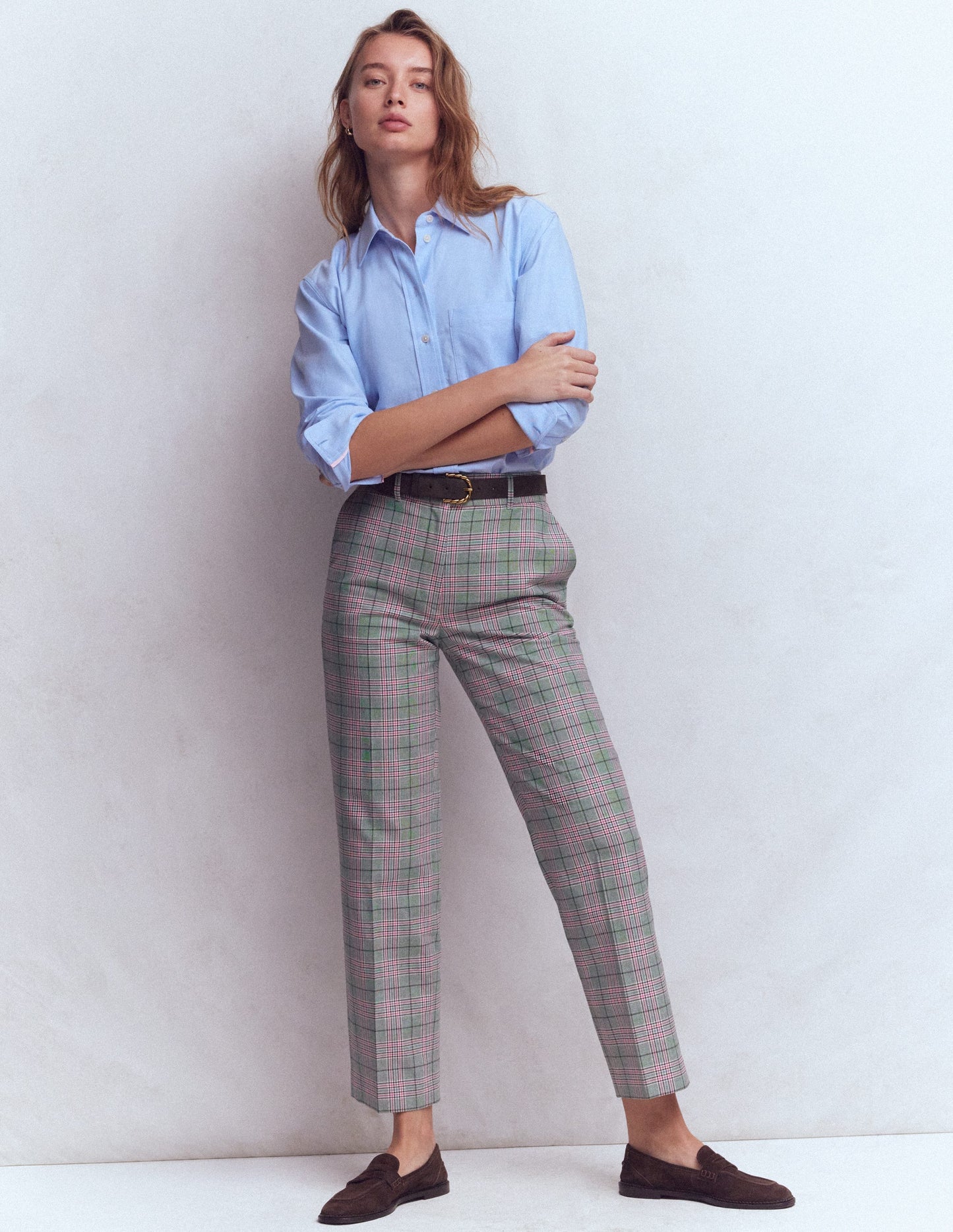 Canonbury Tailored Pants-Green, Pink and Brown Check