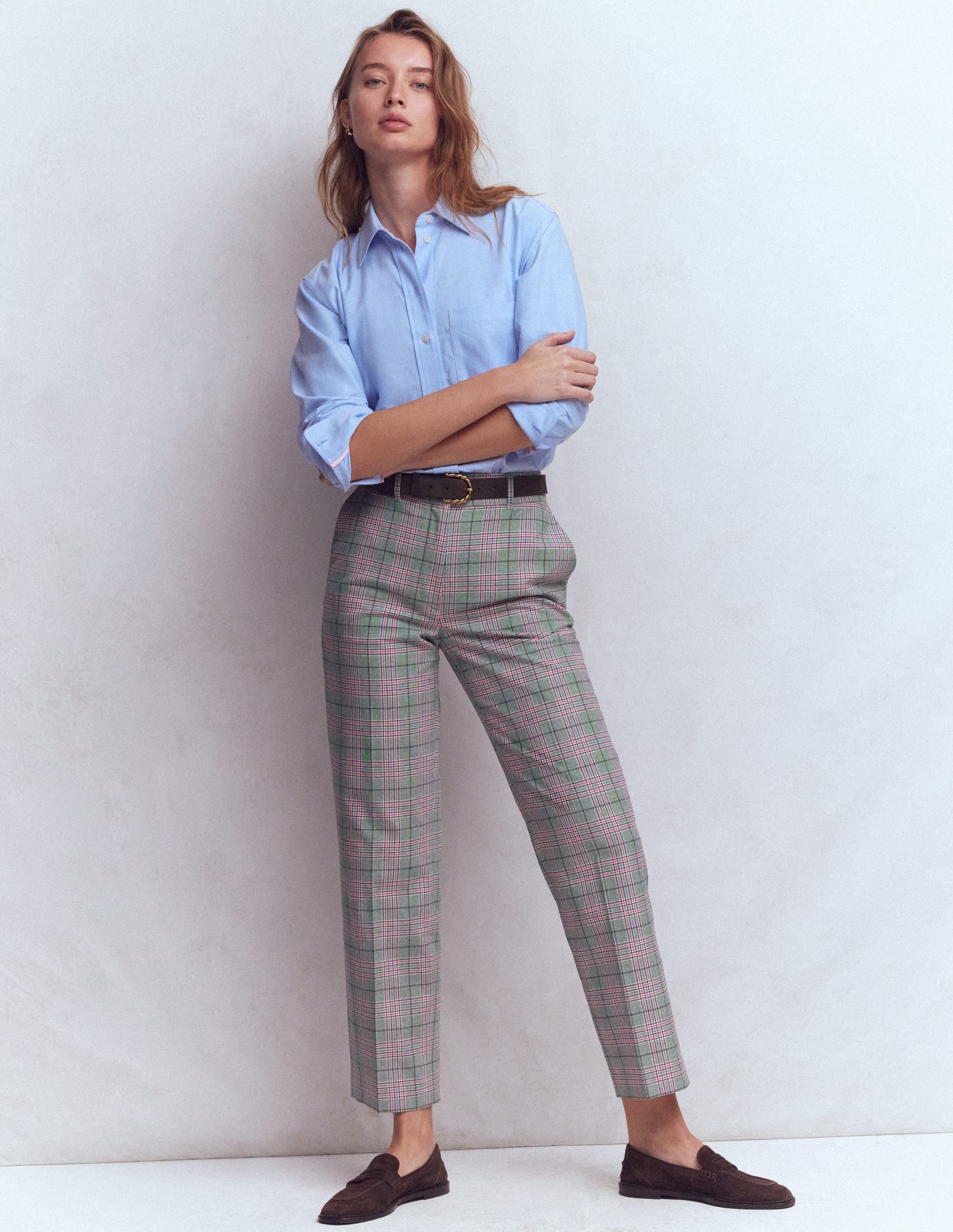 Canonbury Tailored Pants-Green, Pink and Brown Check - Image 1