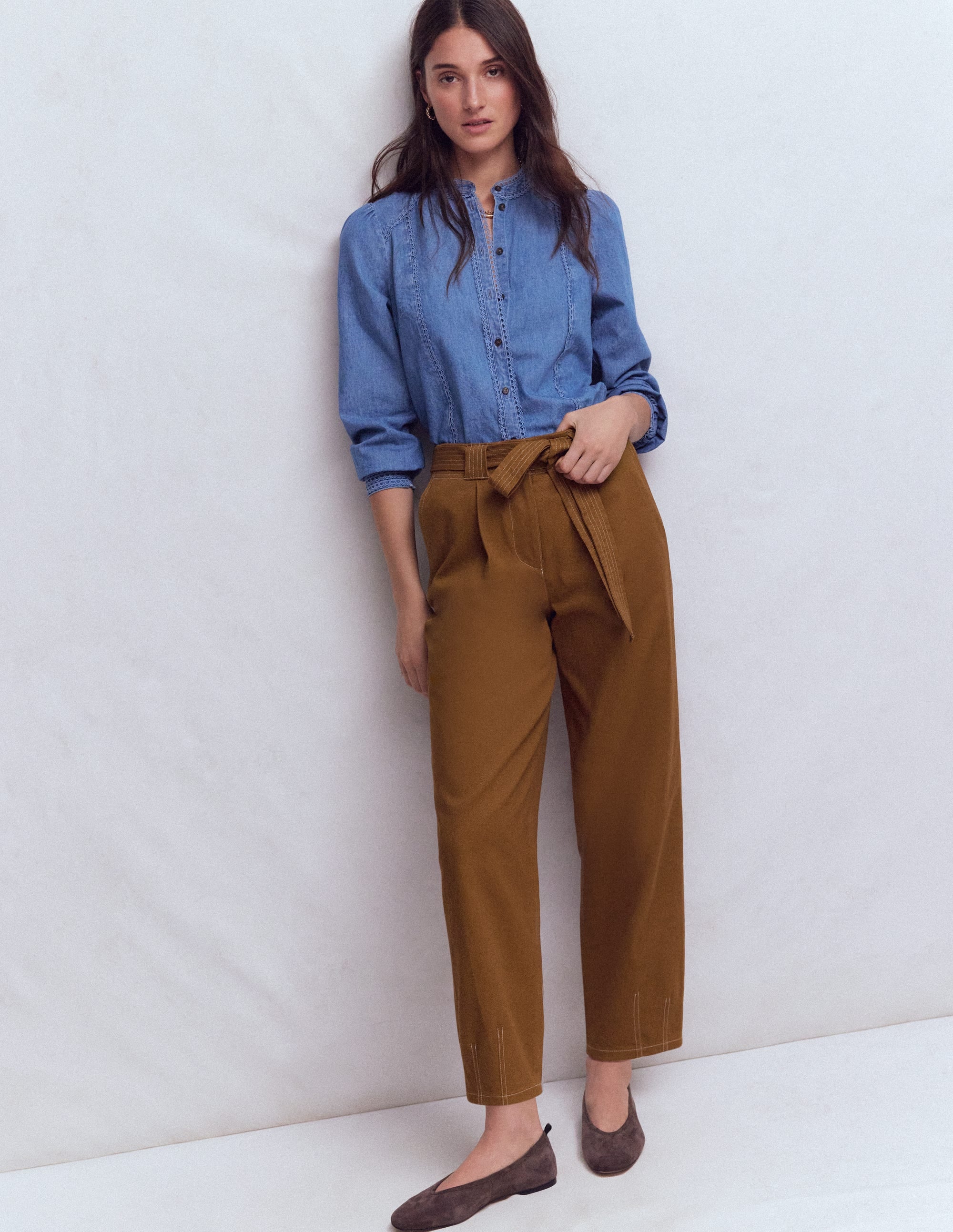 Belted Barrel Leg Pants-GINGERBREAD - Image 1