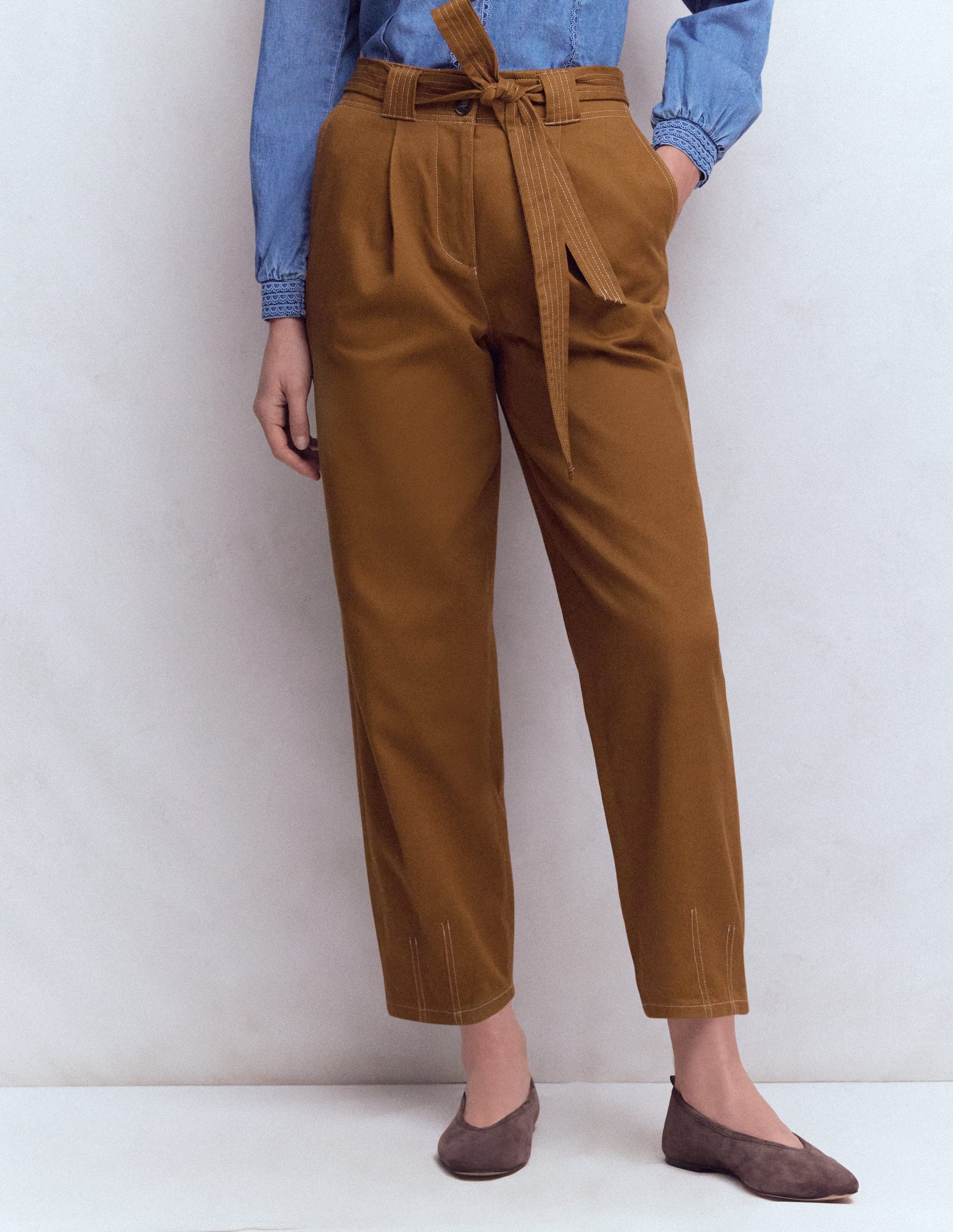 Belted Barrel Leg Pants-GINGERBREAD-4